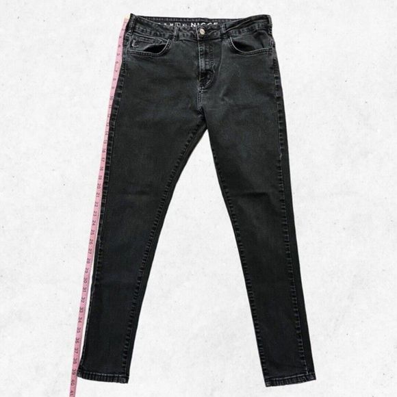 NICCE Men’s Sz L 32" Waist Washed Black Skinny Fit Jeans Back Logo RIPPED!‎ - Picture 11 of 14
